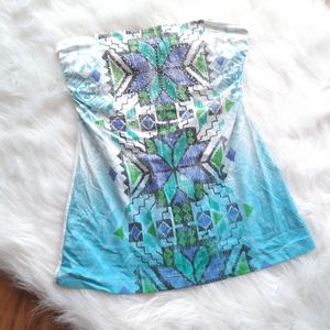 Bongo Women's Size Medium Turquoise Rhinestone Summer Tube Top Stretchy Aztec